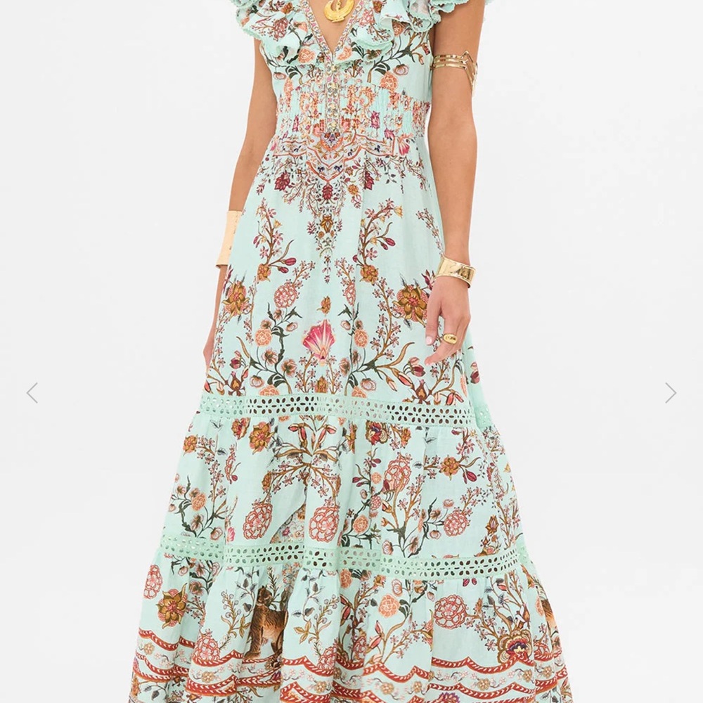 Camilla Floral Maxi Dress in Light Blue and Brown100%linen